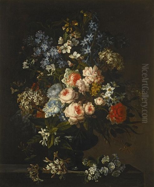 A Still Life Of Roses, Hyacinth, Honeysuckle And Other Flowers In A Glass Vase On A Ledge Oil Painting by Jean-Baptiste Monnoyer