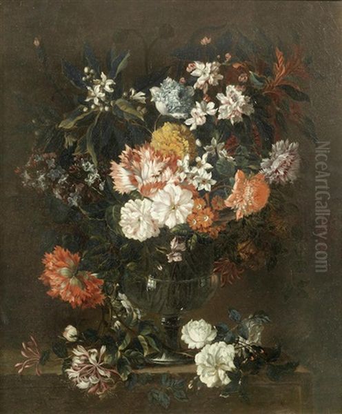 Poppies, Honeysuckle, Chrysanthemums And Other Flowers In A Glass Vase On A Stone Ledge Oil Painting by Jean-Baptiste Monnoyer