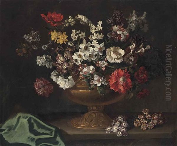 Daffodils, Hyacinths, Foxgloves A Poppy And Other Flowers, In A Bronze Urn, On A Stone Ledge Oil Painting by Jean-Baptiste Monnoyer