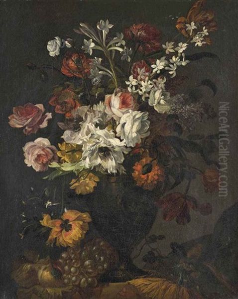 Roses, Lilies, Parrot Tulips, Peonies And Other Flowers In A Sculpted Urn With Peaches Grapes And A Sunflower On A Table Oil Painting by Jean-Baptiste Monnoyer