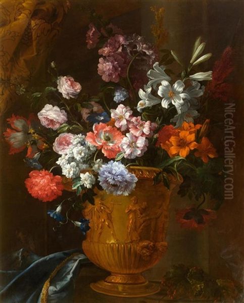 Still Life Of Flowers With Anemones, Roses And Lilies In A Bronze Vase Oil Painting by Jean-Baptiste Monnoyer