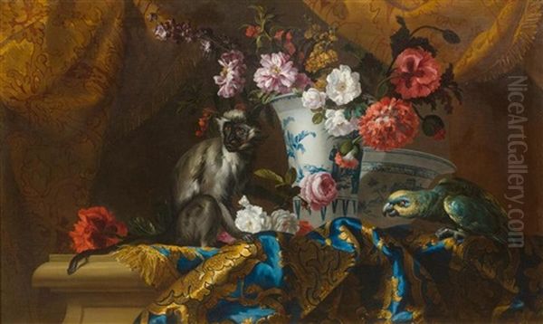 Still Life Of Flowers With A Monkey And A Parrot Oil Painting by Jean-Baptiste Monnoyer