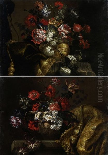 Blumenstillleben Mit Draperien Und Quasten (pair) Oil Painting by Jean-Baptiste Monnoyer