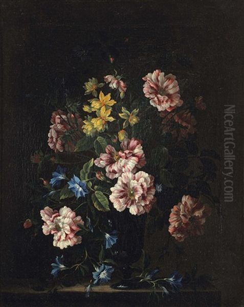 Roses, Violets, Daffodils In A Glass Vase, On A Stone Ledge Oil Painting by Jean-Baptiste Monnoyer