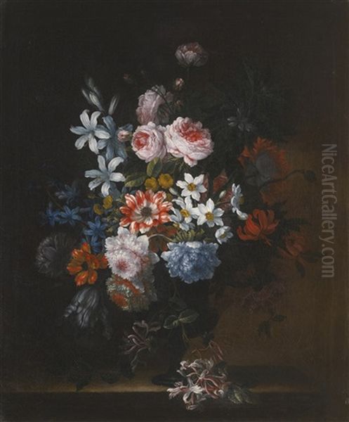 Still Life Of Roses, Honeysuckle, Lillies, Chrysanthemums, Narcissi And Other Flowers In A Vase Oil Painting by Jean-Baptiste Monnoyer