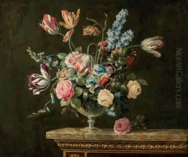 Tulipanes, Rosas Y Otras Flores En Una Copa De Cristal Sobre Una Mesa De Marmol Oil Painting by Jean-Baptiste Monnoyer