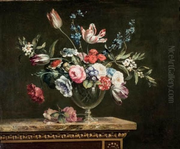 Tulipanes, Rosas Y Otras Flores En Una Copa De Cristal Sobre Una Mesa De Marmol Oil Painting by Jean-Baptiste Monnoyer