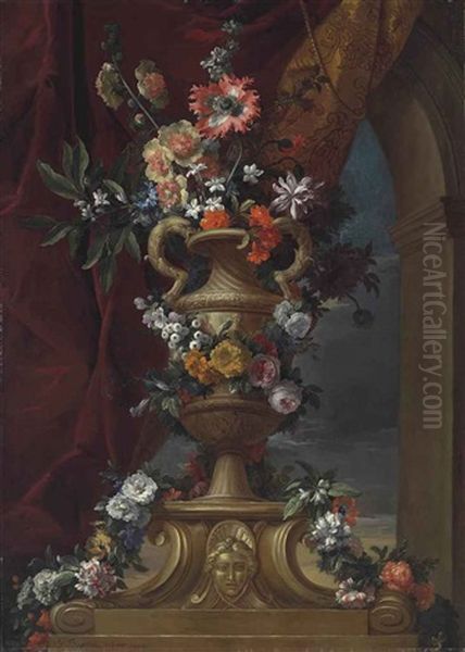 A Roses, Peonies, Orange Blossom, Jasmine, Ranunculi And Other Flowers In A Sculpted Urn On A Pedestal, Before A Draped Curtain Oil Painting by Jean-Baptiste Monnoyer