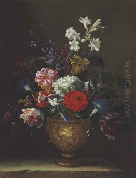 A Hydrangea, Chrysanthemum, Tulip And Other Flowers In A Sculpted Vase by Jean-Baptiste Monnoyer