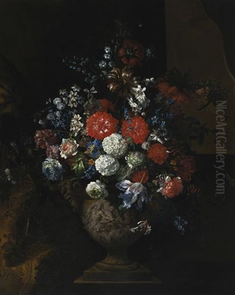 Still Life Of Flowers, Including Tulips, Roses, Poppies And Viburnum In A Sculpted Urn, Resting On A Stone Plinth Oil Painting by Jean-Baptiste Monnoyer