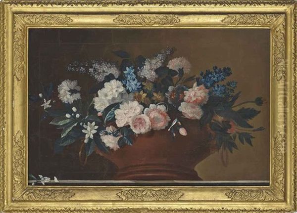 Roses, Carnations, Narcissi And Other Flowers In An Urn On A Stone Ledge Oil Painting by Jean-Baptiste Monnoyer