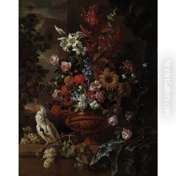 Still Life Of Flowers In A Vase On A Ledge, With A White Cockatoo Oil Painting by Jean-Baptiste Monnoyer