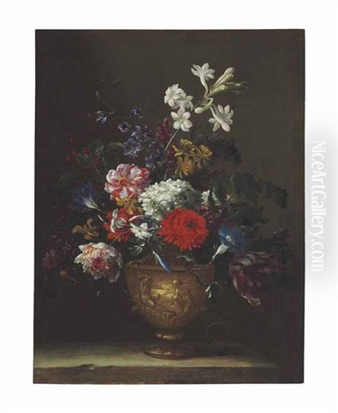 A Hydrangea, Chrysanthemum, Tulip And Other Flowers In A Sculpted Vase Oil Painting by Jean-Baptiste Monnoyer