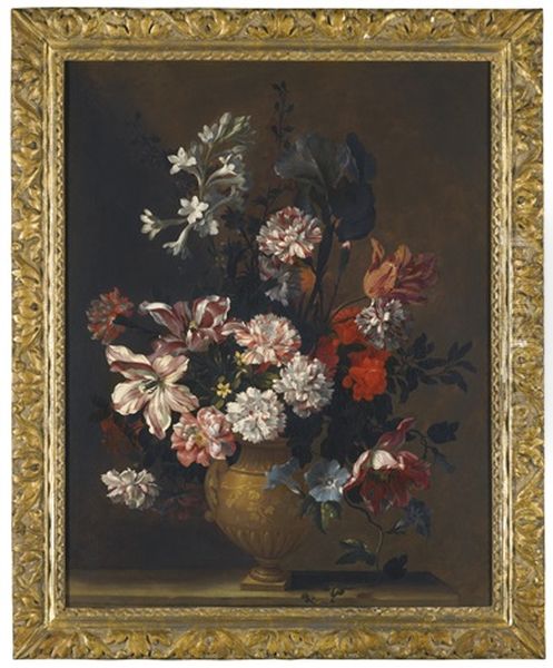 Still Life Of Variegated Tulips, Carnations, An Iris And Other Assorted Flowers Arranged In A Vase On A Stone Ledge Oil Painting by Jean-Baptiste Monnoyer