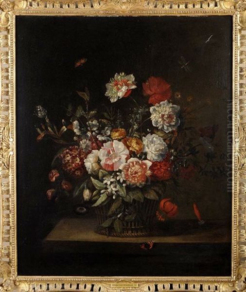 A Study Of Flowers In A Basket On A Shelf With Butterflies And Moths Oil Painting by Jean-Baptiste Monnoyer