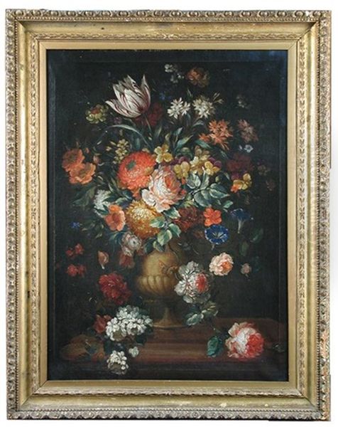 Still Life Of Roses, Lilies, Carnations, Honeysuckle In A Terracotta Urn Upon A Stone Ledge With A Butterfly Oil Painting by Jean-Baptiste Monnoyer