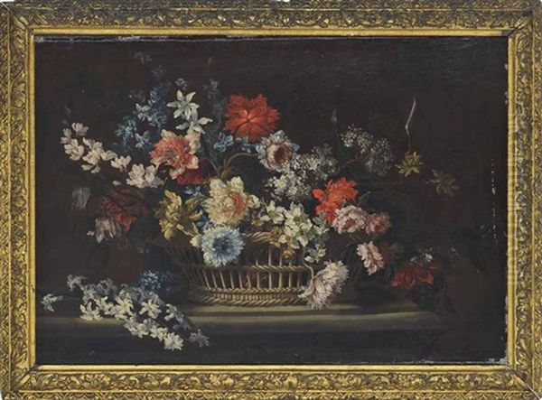 Poppies, Carnations, Convolvulus And Other Flowers In A Wicker Basket On A Stone Ledge Oil Painting by Jean-Baptiste Monnoyer