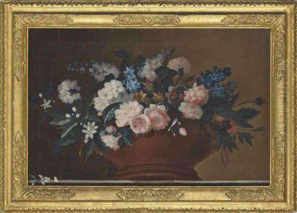 Roses, Carnations, Narcissi And Other Flowers In An Urn On A Stone Ledge Oil Painting by Jean-Baptiste Monnoyer