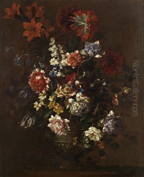 Tulips, Narcissi, Hyacinths, Poppies, Roses And Other Flowers In A Vase On A Stone Ledge Oil Painting by Jean-Baptiste Monnoyer