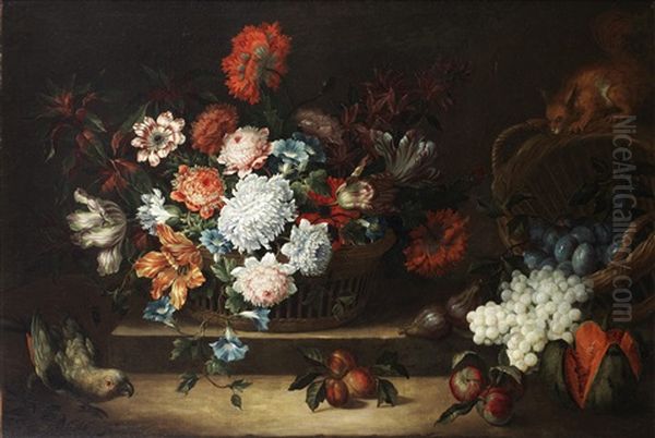 Lilies, Chrysanthemums And Other Flowers In A Basket On A Stone Ledge, With Apples, Grapes, A Split Melon, A Monkey And A Parrot by Jean-Baptiste Monnoyer