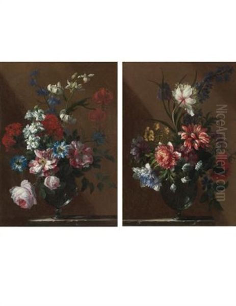 Bouquets Of Flowers In Glass Vases On Marble Ledges (pair) Oil Painting by Jean-Baptiste Monnoyer