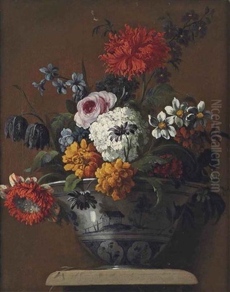 A Rose, Carnations, Narcissi And Other Flowers In A Delft Blue And White Porcelain Bowl, On A Pedestal Oil Painting by Jean-Baptiste Monnoyer