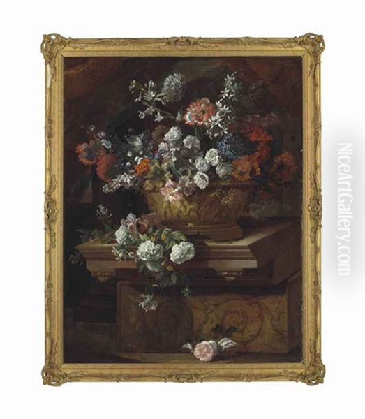 Roses, Carnations, Tulips, Forget-me-nots, And Other Flowers In A Sculpted Urn, With Carnations And Other Flowers On A Classical Plinth Oil Painting by Jean-Baptiste Monnoyer