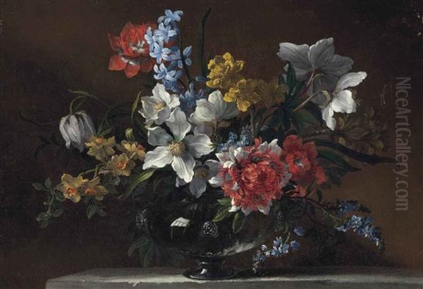 Narcissi, Hyacinths, Forget-me-nots And Other Flowers In A Glass Vase On A Stone Ledge Oil Painting by Jean-Baptiste Monnoyer