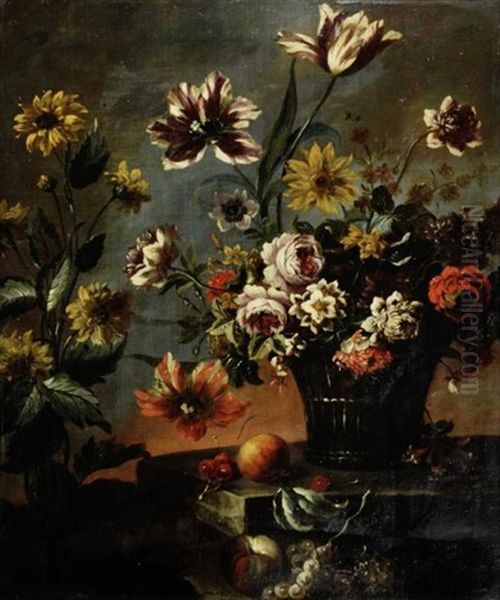 Corbeille De Fleurs Sur Un Entablement Oil Painting by Jean-Baptiste Monnoyer