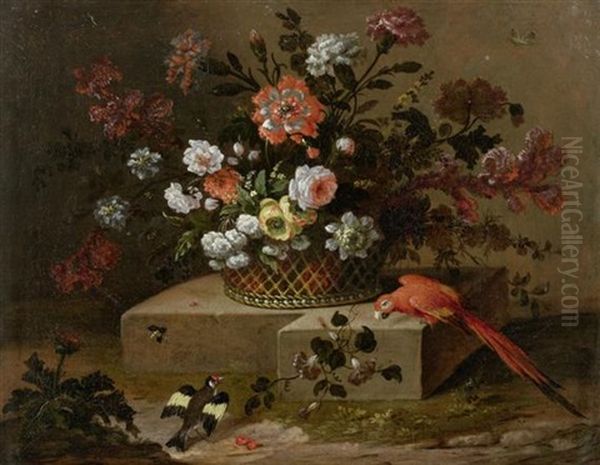 Blumenarrangement In Einem Flechtkorb Mit Einem Papagei In Einer Landschaft by Jean-Baptiste Monnoyer