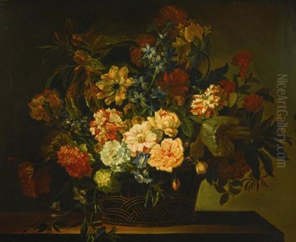 Dahlias, Tulips, Honeysuckle And Other Flowers In A Basket On A Table Oil Painting by Jean-Baptiste Monnoyer