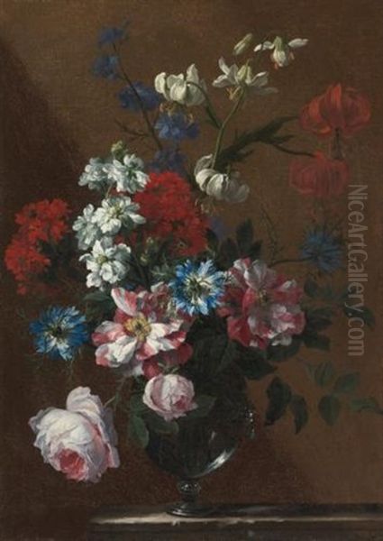 Bouquets Of Flowers In Glass Vases On Marble Ledges (pair) Oil Painting by Jean-Baptiste Monnoyer