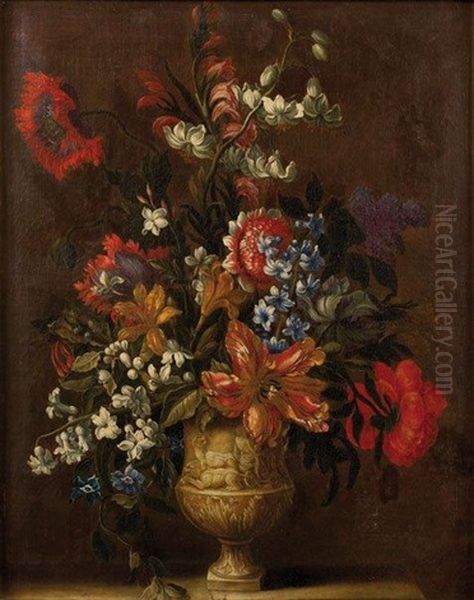 Tulipes, Narcisses, Oeillets Et Muguet Dans Un Vase De Pierre Sculpte Oil Painting by Jean-Baptiste Monnoyer