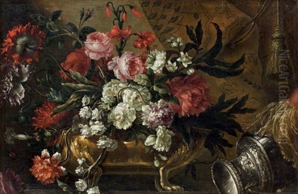 Bouquet De Fleurs Dans Une Jardiniere Fixee Sur Un Entablement Oil Painting by Jean-Baptiste Monnoyer