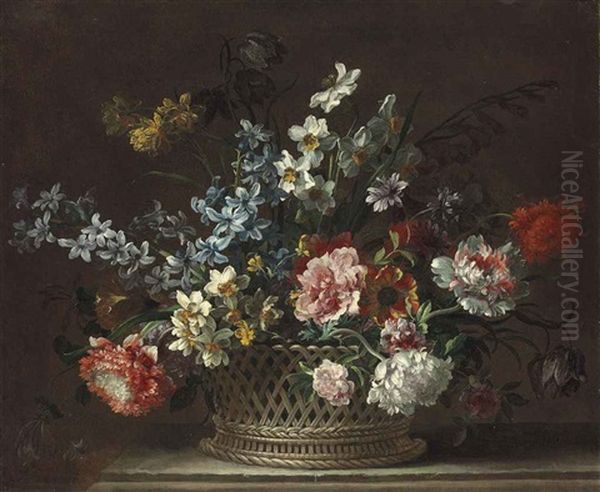 Roses, Daffodils, Hyacinths, Anemones, Fritillaries And Other Flowers In A Woven Basket On A Stone Ledge Oil Painting by Jean-Baptiste Monnoyer