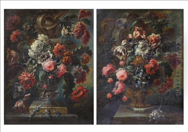 Still Life Of Flowers; Still Liefe Of Flowers In A Stone Urn (pair) Oil Painting by Jean-Baptiste Monnoyer