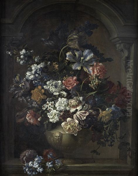 Peonies, Tulips, Narcissi, Honeysuckle And Other Flowers In A Classical Urn Oil Painting by Jean-Baptiste Monnoyer