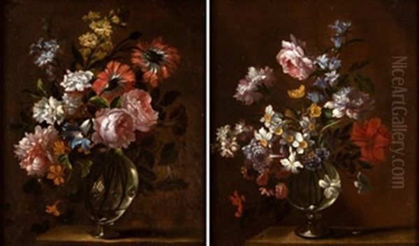 Jarrones De Cristal Con Flores (pair) Oil Painting by Jean-Baptiste Monnoyer