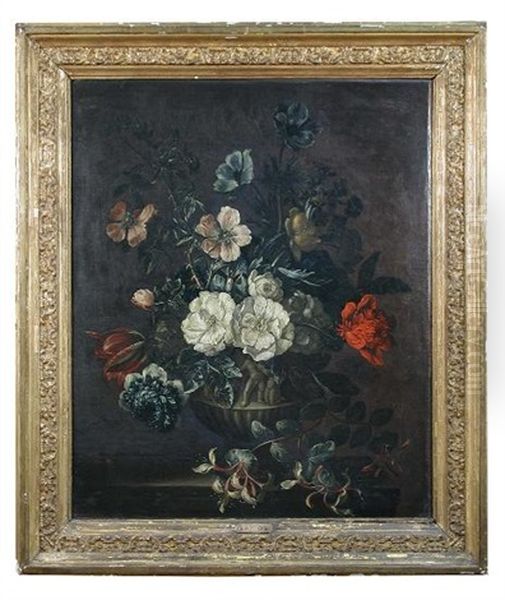 Still Life Of Honeysuckle, Chrysanthemums, A Tulip And Other Flowers In A Stone Vase On A Marble Ledge Oil Painting by Jean-Baptiste Monnoyer