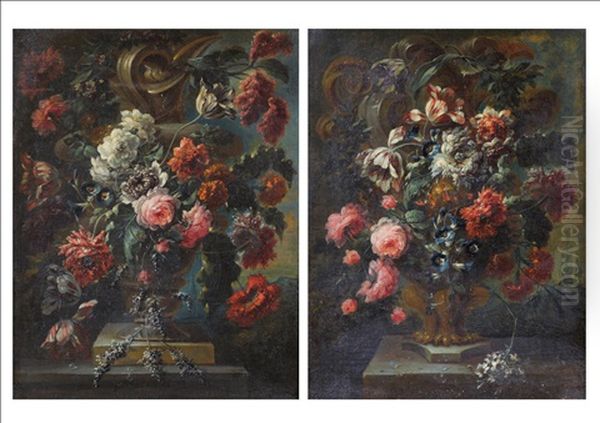 Still Life Of Flowers (+ Still Life Of Flowers In A Stone Urn; Pair) Oil Painting by Jean-Baptiste Monnoyer