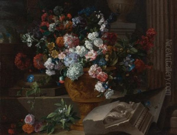 Still Life With Flowers In A Sculpted Urn With Architectural Fragments On A Terrace Oil Painting by Jean-Baptiste Monnoyer