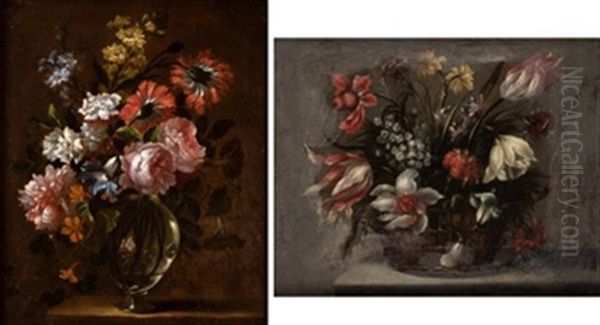 Jarrones De Cristal Con Flores (pair) Oil Painting by Jean-Baptiste Monnoyer