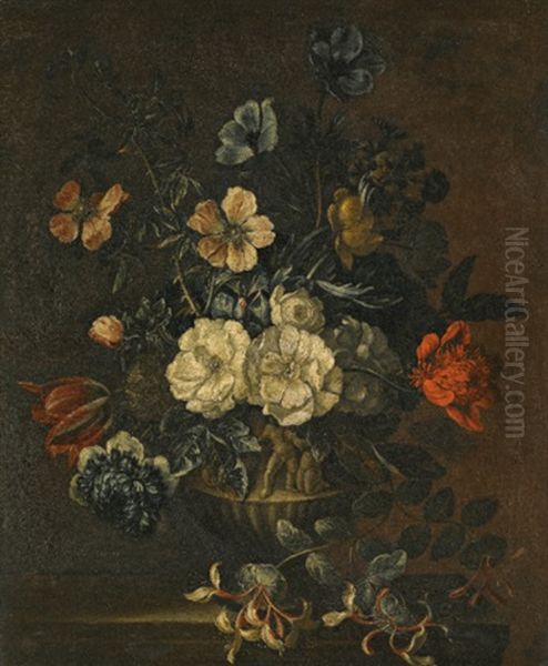 A Still Life With Honeysuckle, Chrysanthenums, A Tulip And Other Flowers In A Stone Vase, On A Stone Ledge Oil Painting by Jean-Baptiste Monnoyer