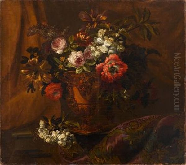 Still Life Of Parrot Tulip, Roses, Chrysanthemums And Other Flowers In A Gilt Bronze Urn, Upon A Ledge With Draped Cloth Oil Painting by Jean-Baptiste Monnoyer