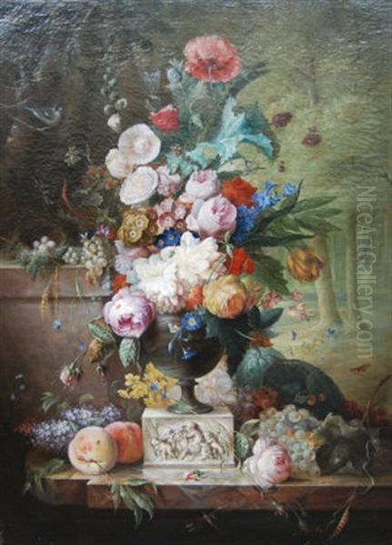 Still Life Of A Bouquet Of Flowers In An Urn On A Ledge With Woodland Beyond Oil Painting by Jean-Baptiste Monnoyer