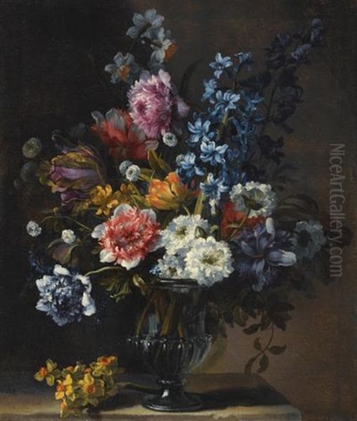 A Still Life With Tulips, A Hyacinth, And Other Flowers In A Glass Vase On A Stone Plinth Oil Painting by Jean-Baptiste Monnoyer