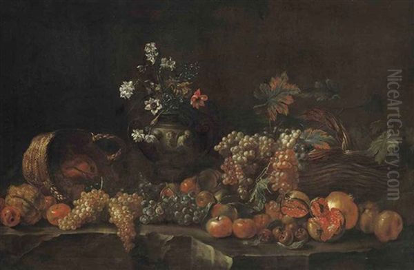 Grapes, Pomegranates, Apples, Lemons, Wicker Baskets And A Sculpted Vase With Flowers On A Ledge Oil Painting by Jean-Baptiste Monnoyer