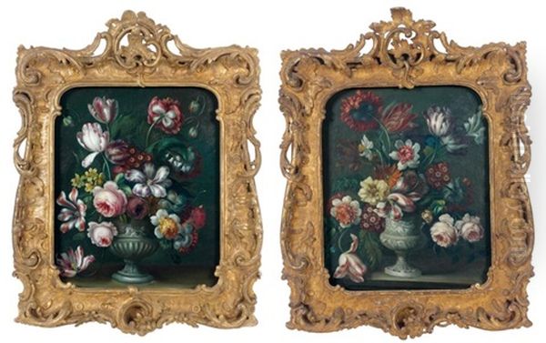 Vase De Fleurs (pair) Oil Painting by Jean-Baptiste Monnoyer