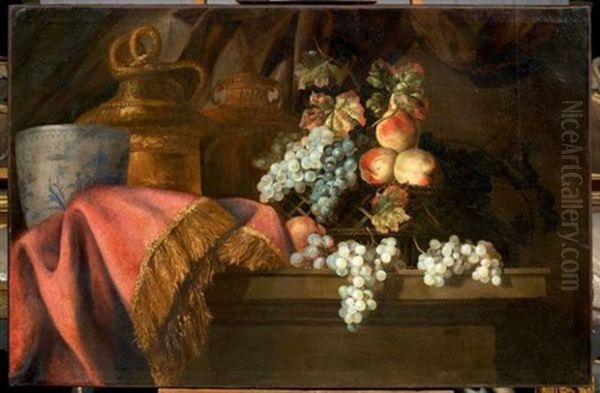 Nature Morte Aux Raisins Avec Un Vase En Bronze Cisele Et Dore D'apres Un Dessin De Polydore Oil Painting by Jean-Baptiste Monnoyer