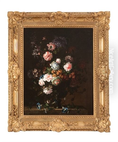 Still Life With Mixed Flowers In A Vase On A Ledge Oil Painting by Jean-Baptiste Monnoyer